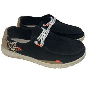 Hey Dude Black and Tan Flats with Leopard Accent